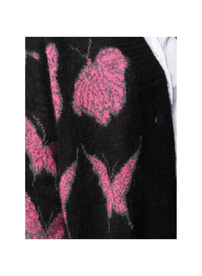 Long Cardigan in Butterfly Print in Wool in Black