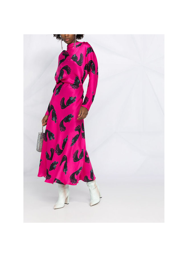 Long Dress in Cat Print in Fuschia