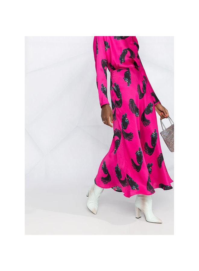 Long Dress in Cat Print in Fuschia