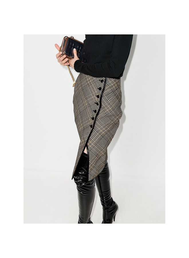 Midi Pencil Skirt in Wool Check Print in Beige/Black
