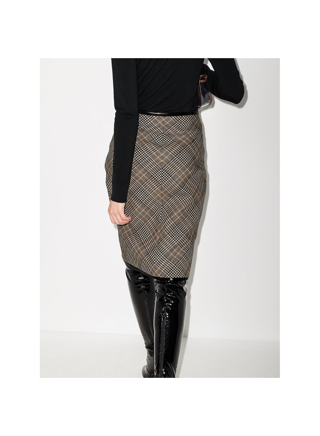 Midi Pencil Skirt in Wool Check Print in Beige/Black