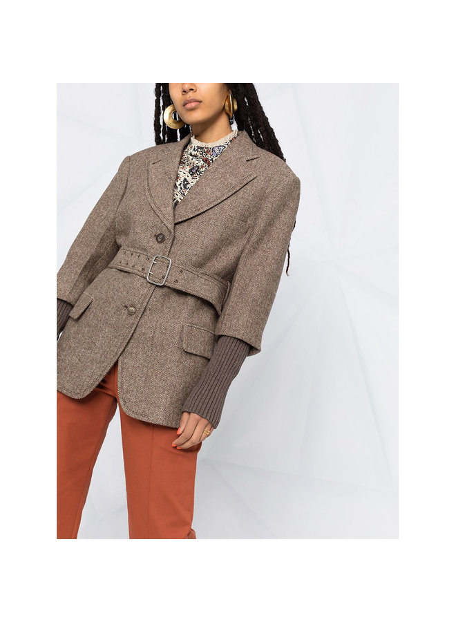 Single Breasted Jacket with Belt in Wool in Sunburned Brown