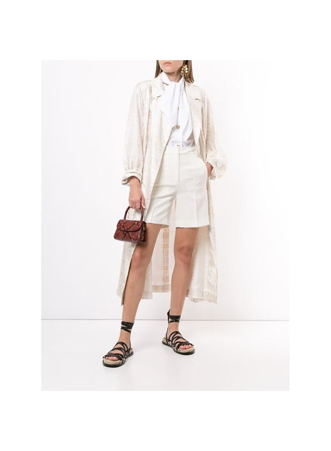 Long Belted Printed Coat in Silk in Multi White