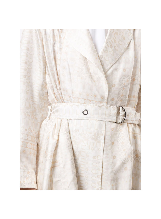 Long Belted Printed Coat in Silk in Multi White