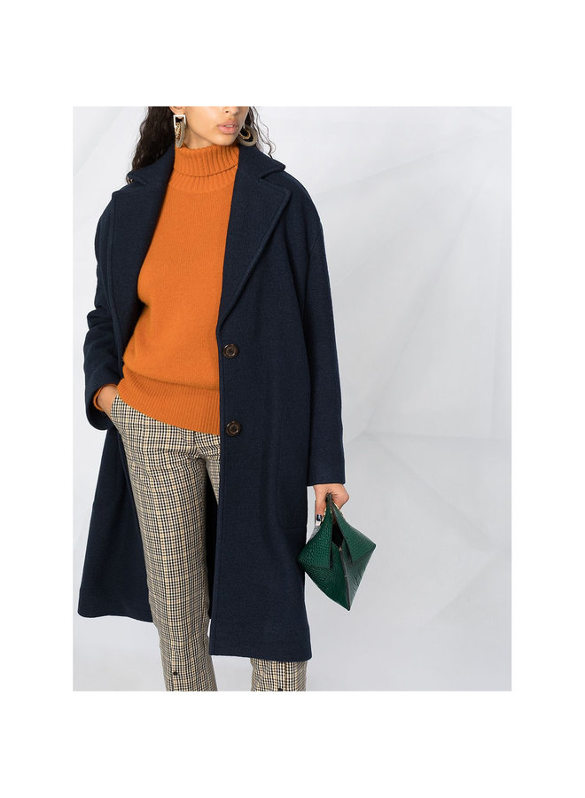 Single Breasted Long Coat in Wool in Dark Blue