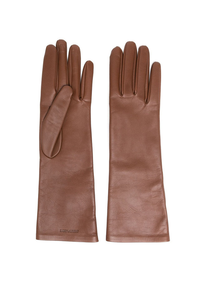 Debossed Logo Long Gloves in Leather in Coffee