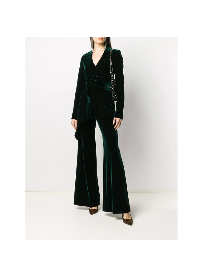 High Waisted Flared Pants in Velvet in Hunter Green