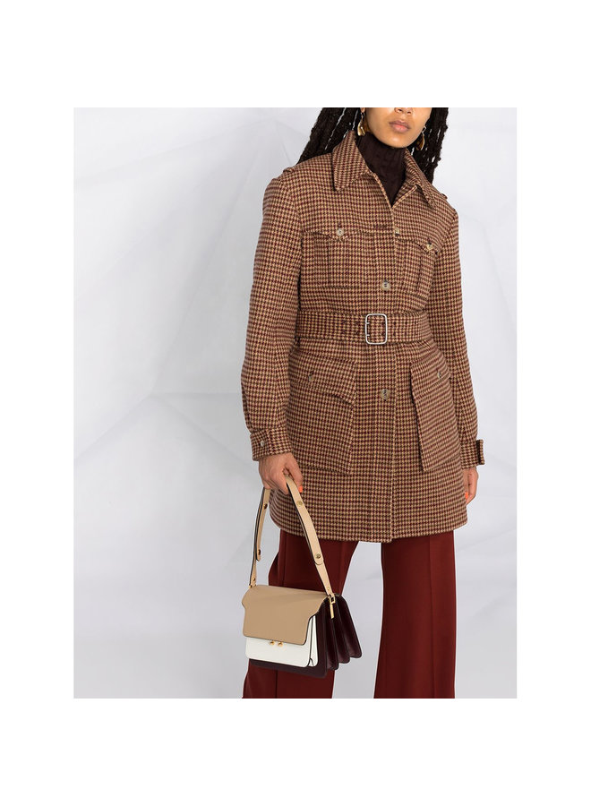 Check Belted Jacker in Wool in Antique Brown