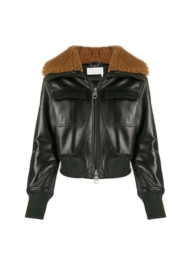 Shearling collar Leather Bomber in Deep Green