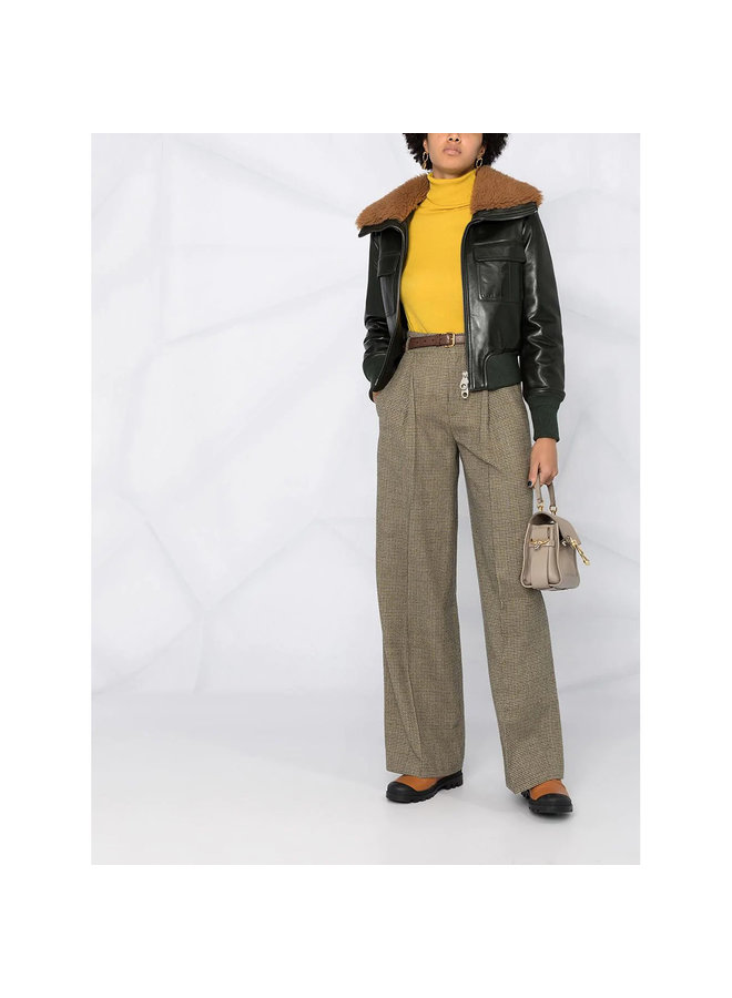 Shearling collar Leather Bomber in Deep Green