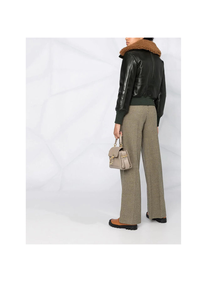 Shearling collar Leather Bomber in Deep Green