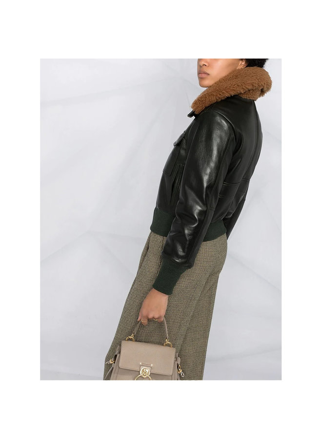 Shearling collar Leather Bomber in Deep Green