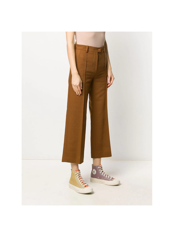 High Waisted Cropped Flare Pants in Wool in Pottery Brown