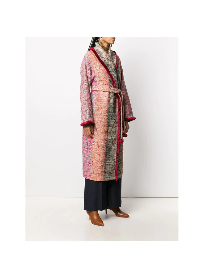 Long Belted Coat in Wool in Multicolor Carpet