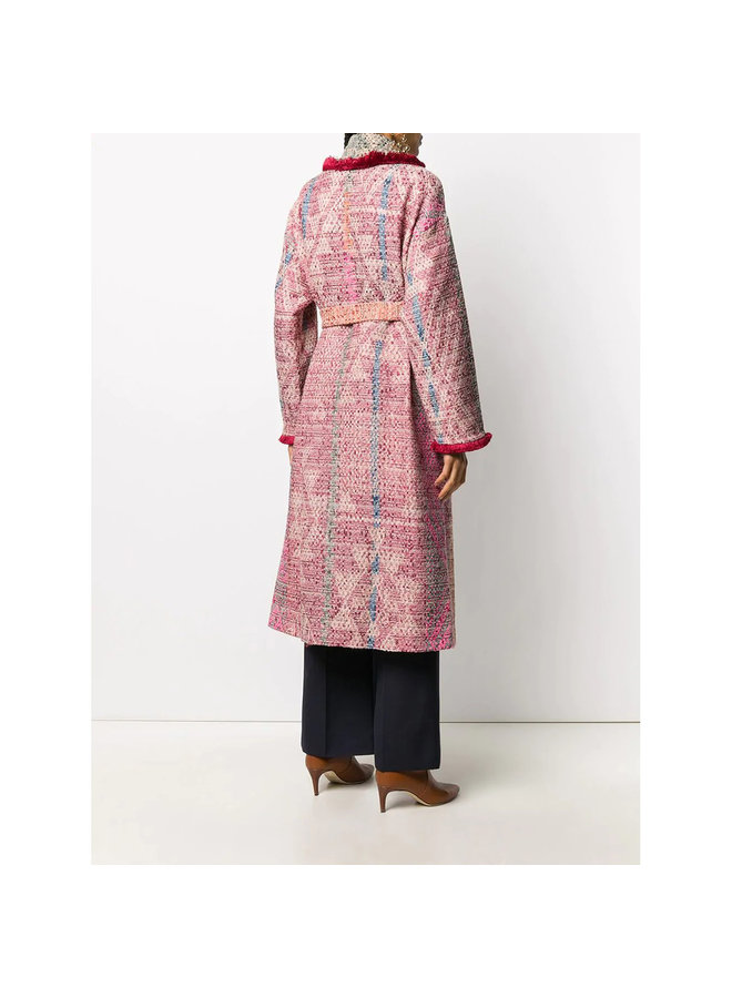 Long Belted Coat in Wool in Multicolor Carpet