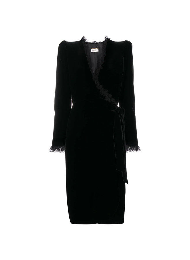 Wrap Dress with Lace Details in Velvet in Black