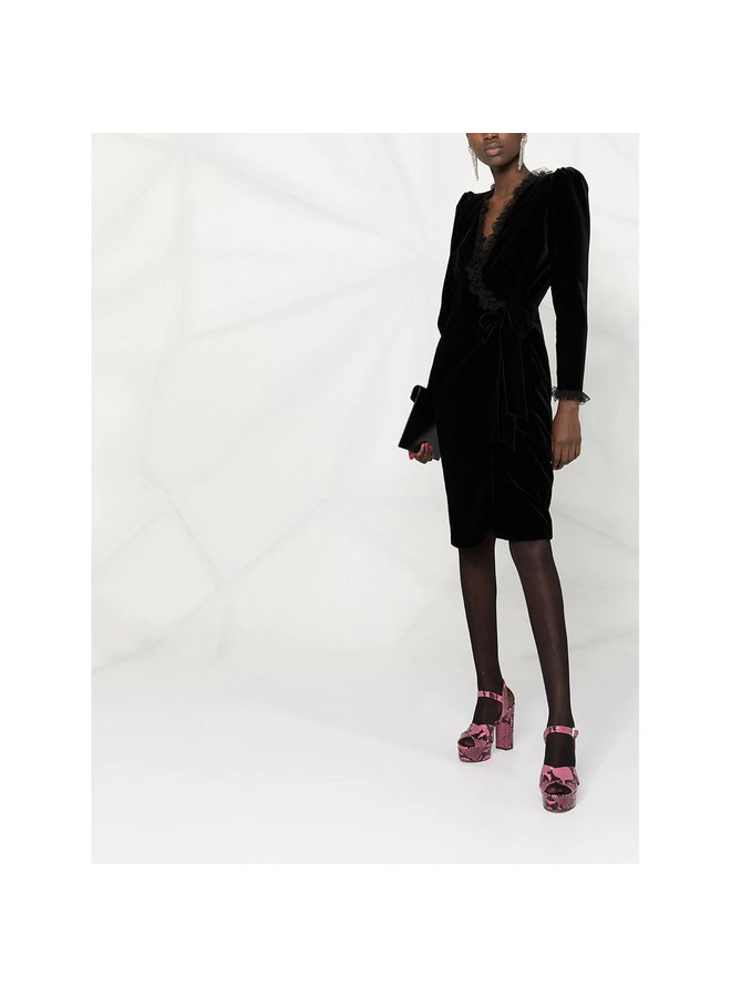 Wrap Dress with Lace Details in Velvet in Black