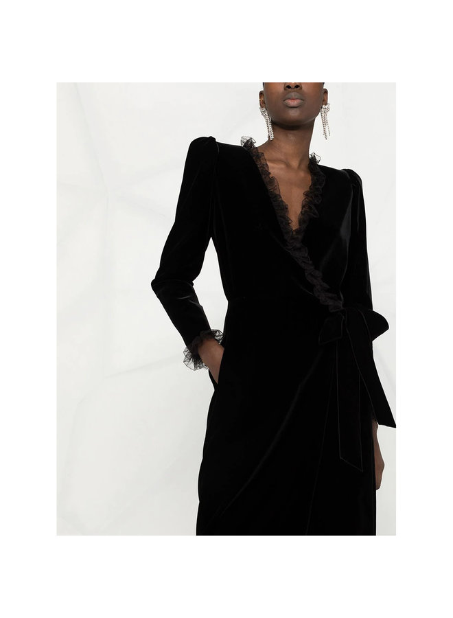 Wrap Dress with Lace Details in Velvet in Black