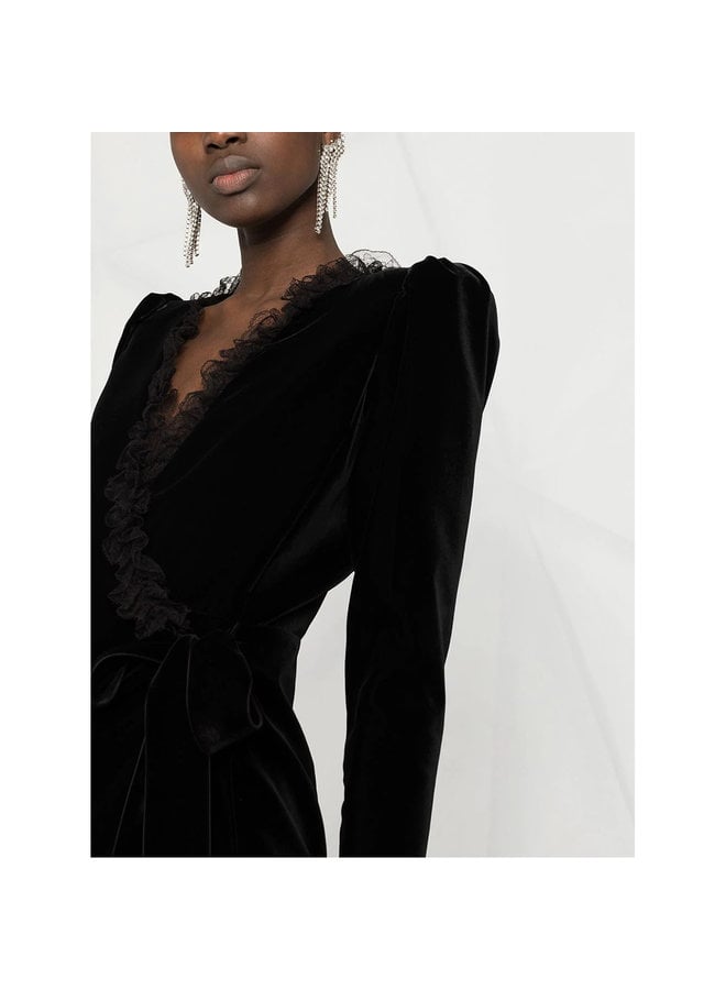 Wrap Dress with Lace Details in Velvet in Black