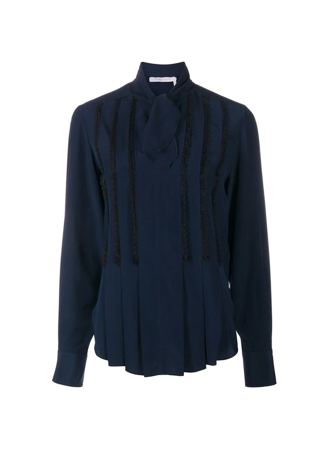 Long Sleeve Blouse Front Bow Fastening in Silk in Navy