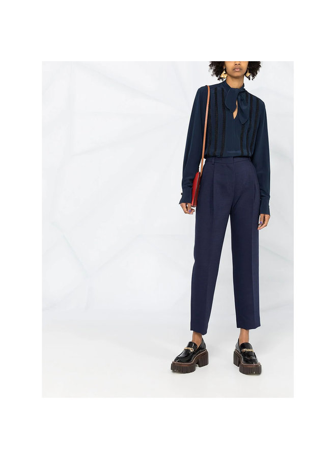 Long Sleeve Blouse Front Bow Fastening in Silk in Navy