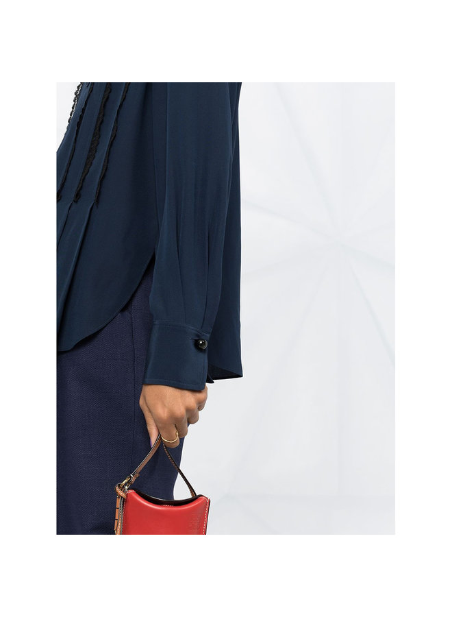 Long Sleeve Blouse Front Bow Fastening in Silk in Navy