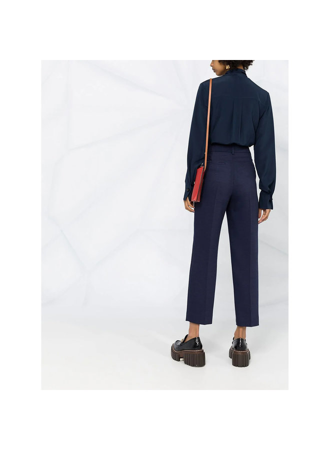 Long Sleeve Blouse Front Bow Fastening in Silk in Navy