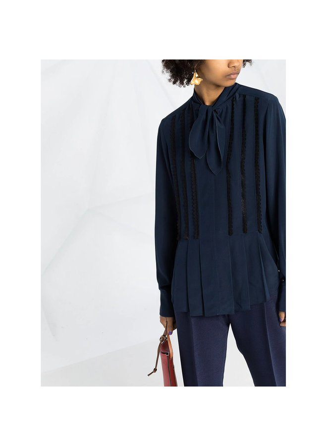 Long Sleeve Blouse Front Bow Fastening in Silk in Navy