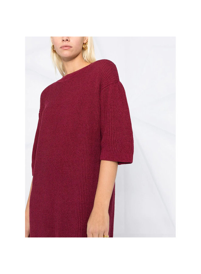 Short Sleeve Knitted Dress in Cotton in Burgundy