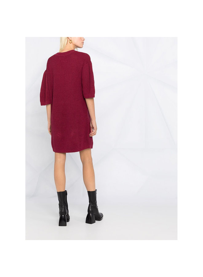 Short Sleeve Knitted Dress in Cotton in Burgundy