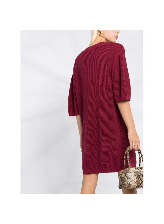 Short Sleeve Knitted Dress in Cotton in Burgundy