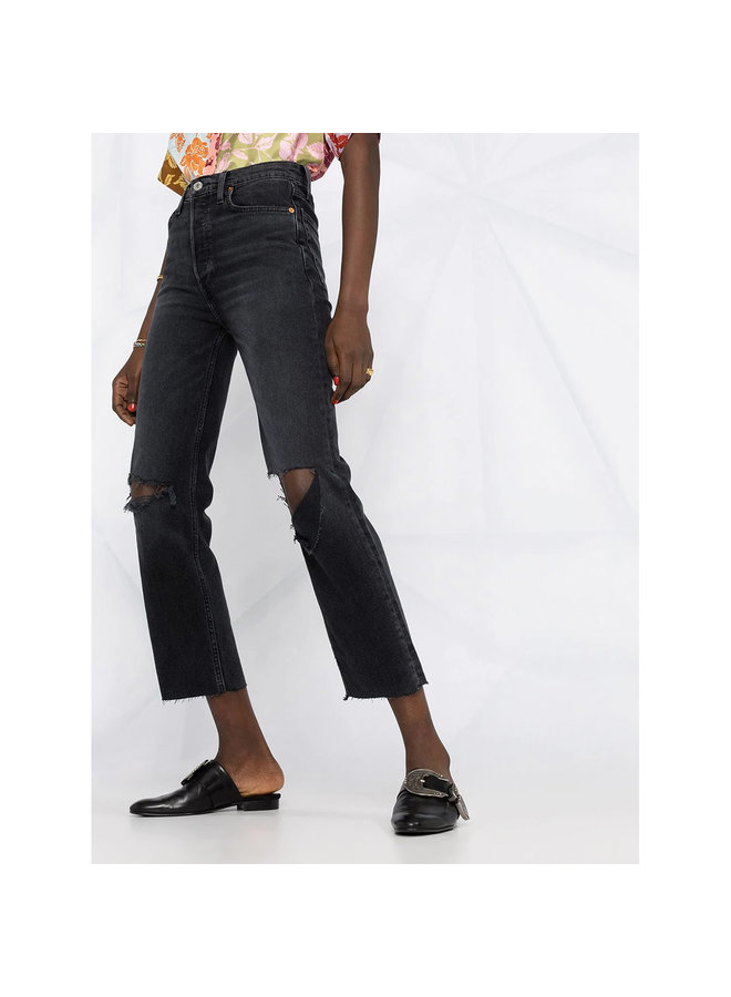 High Rise Distressed Denim Pants in Faded Black