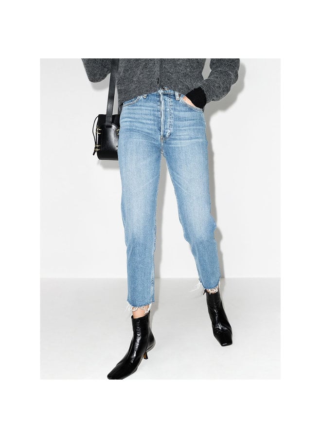 High Waisted Denim Pants in Stonewash Blue