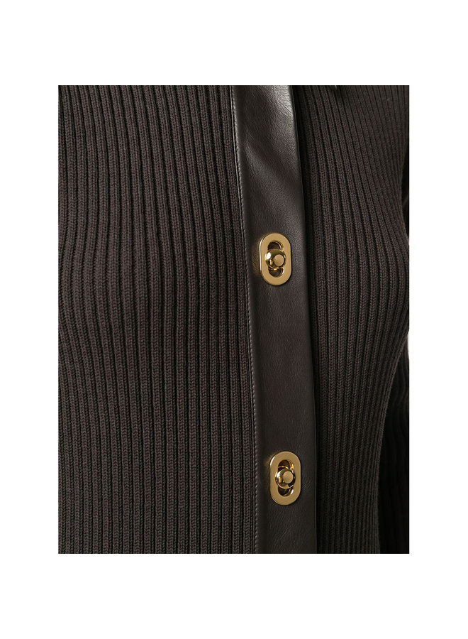 Midi Knitted Dress with Gold Button Details in Brown