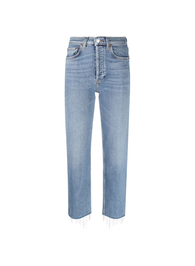 High Rise Stove Pipe Jeans in Stone Wash Blue