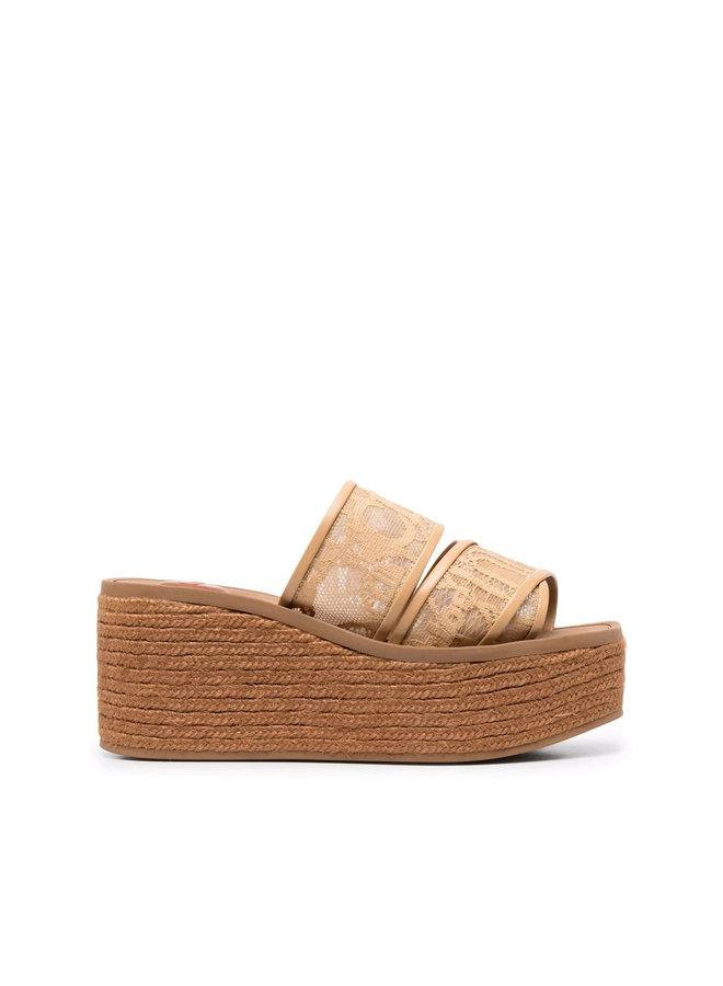 Woody Logo Wedge Mules in Beige