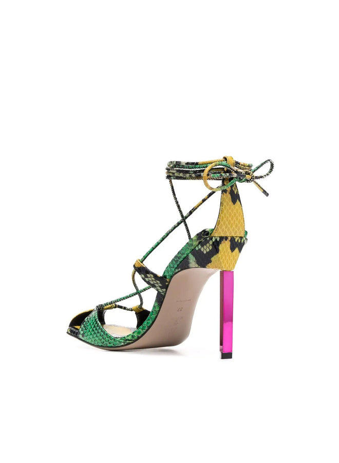 High Heel Snake Effect Sandals in Green/Yellow