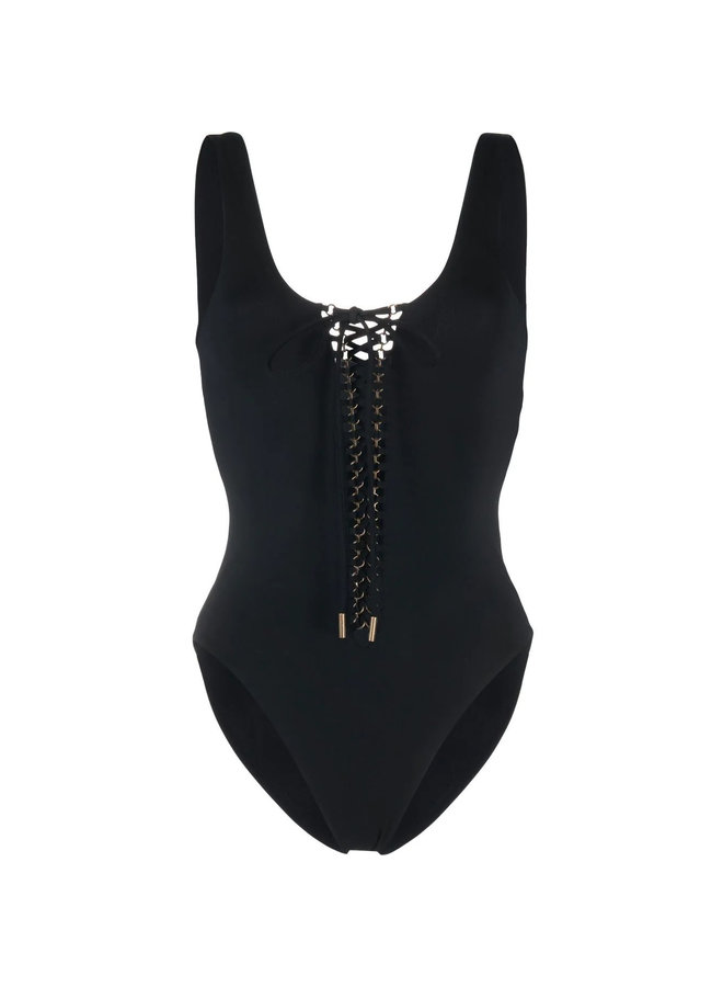 One Piece Lace Up Bodysuit in Black