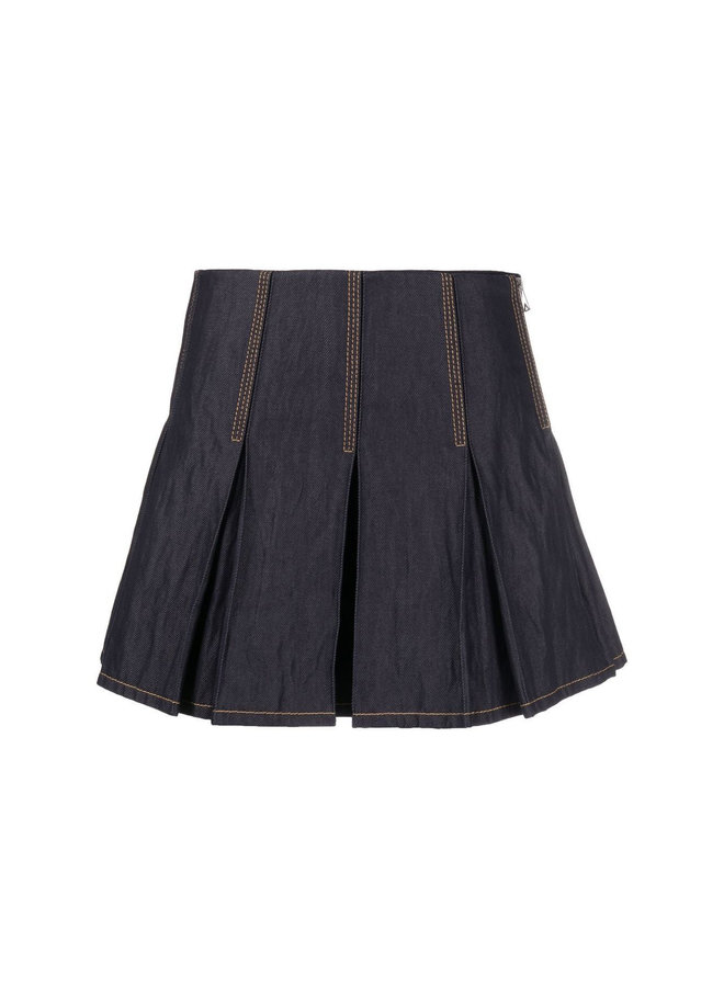 Pleated Mini Denim Skirt in Indigo