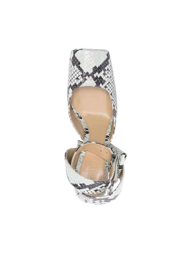 High Heel Platform Sandals in Snake Print in Dew/Black