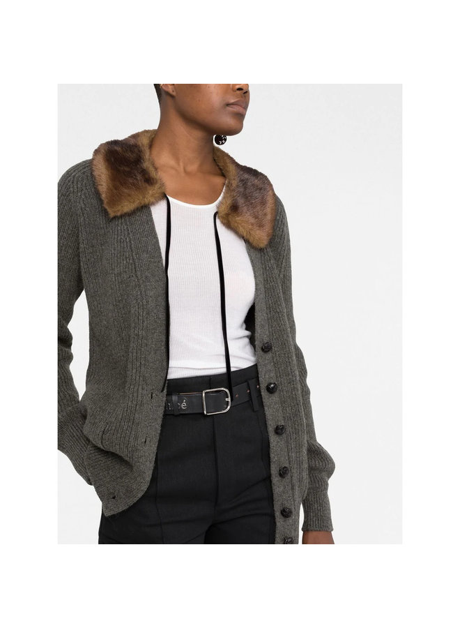 Ribbed Cardigan With Fur Collar in Grey