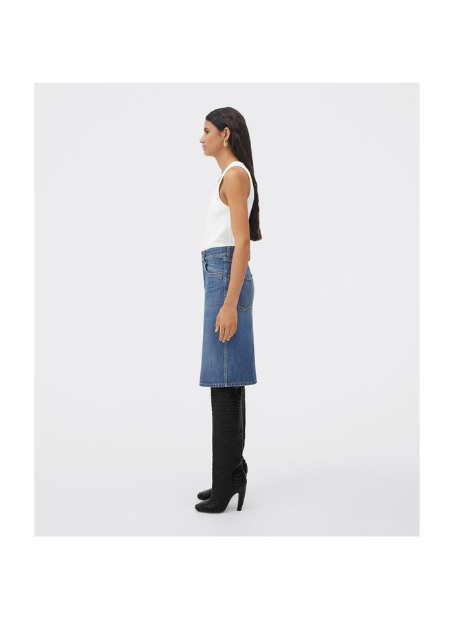 Knee Length Washed Denim Skirt in Mid Blue