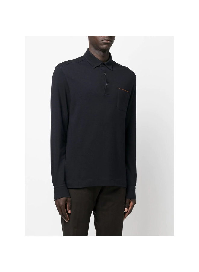 Long Sleeve Polo T-Shirt in Navy Blue