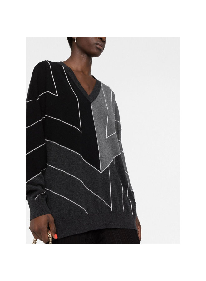 V-Neck Stripped Jumper in Multi Grey