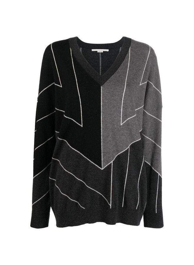 V-Neck Stripped Jumper in Multi Grey