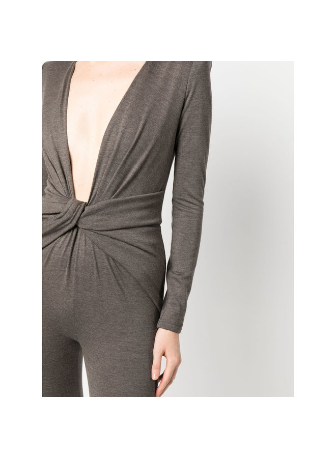 Full Length V-Neck Jumpsuit in Taupe