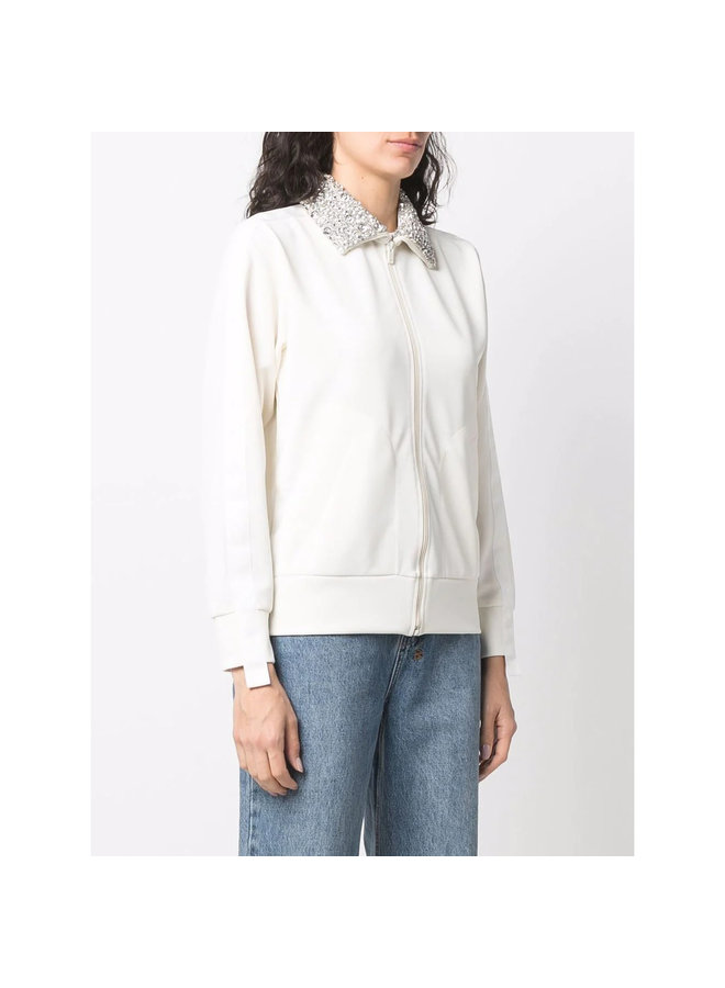 Crystal-Embellished Zipped Sweatshirt in Cream