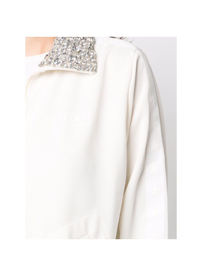 Crystal-Embellished Zipped Sweatshirt in Cream