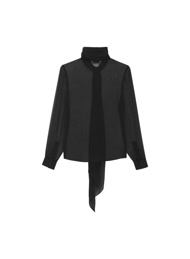 Long Sleeve Tie-Up Bow Blouse in Black