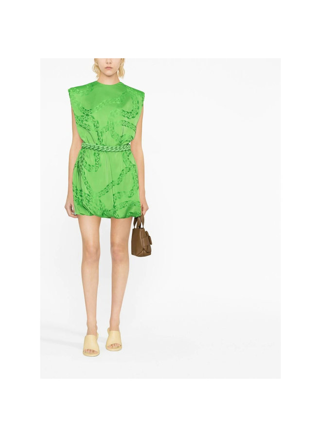 Chain-Embellished Puff Mini Dress in Bright Green